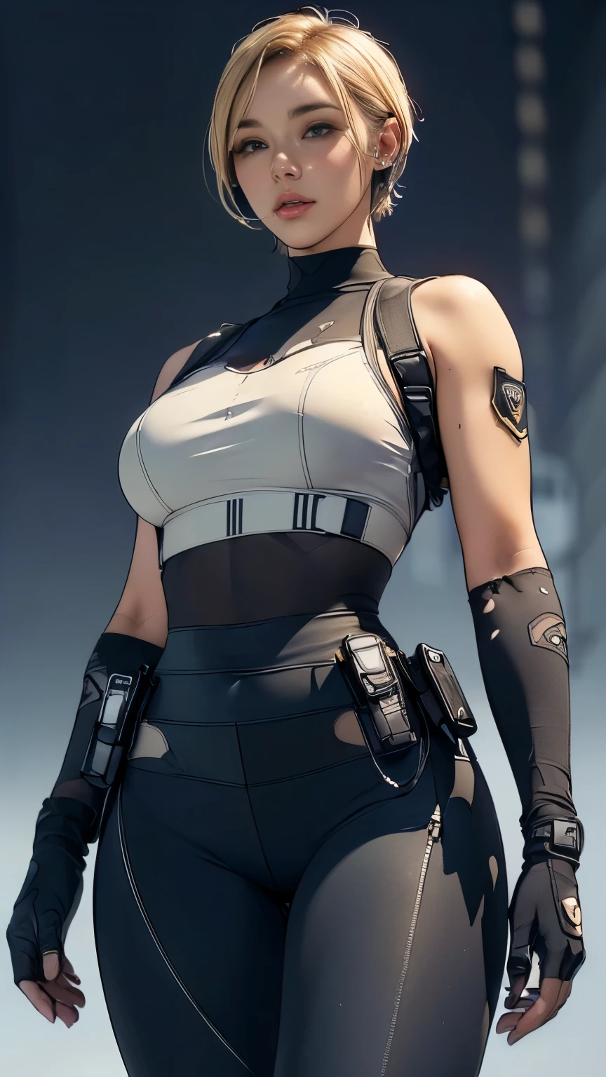 (A woman),(((Future female police officer standing))),((Navy Tactical Leggings:1.5)),((earphone:1.5)),((Tactical Holster:1.5)),(Gloves:1.5),(Serious:1.5),(Super short hair:1.5),(Blonde:1.5),(beautiful eyes:1.3),(Very detailedな顔:1.5),((Very detailed drawing of a female hand:1.5)),((muscular:1.5)),(Sexy appearance:1.5),((Thick thighs:1.5)),(Beautiful Body:1.5),((Very sensual:1.5)),(The backdrop is a futuristic city:1.5),(Cyberpunk atmosphere:1.5),(((Blurred background:1.5))),(Written border depth:1.5),rest(((masterpiece:1.5),(best quality:1.5),(Very detailed:1.5),(high resolution:1.5),(Practical:1.5),(Practical:1.5),(Delicate depiction),(carefully drawn))),8K,wallpaper,(From below:1.2),