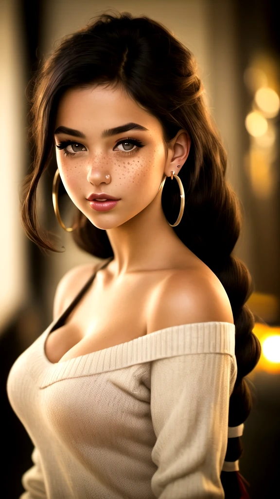 masterpiece,best quality, realistic illustration, style of Philip Lorca diCorcia, girl aged 18yo, 1girl, solo, black long hair, large braid, olive eyes, light freckles, toned body, large breasts, big nipples, dark skin, wearing an off the shoulder sweater, cropped, hoop earrings, perfect lips, posing for the camera, pretty face, cute face, vignette, realistic features, highly detailed body, high budget, bokeh, cinemascope, moody, epic, gorgeous, whole body photo, film grain, grainy