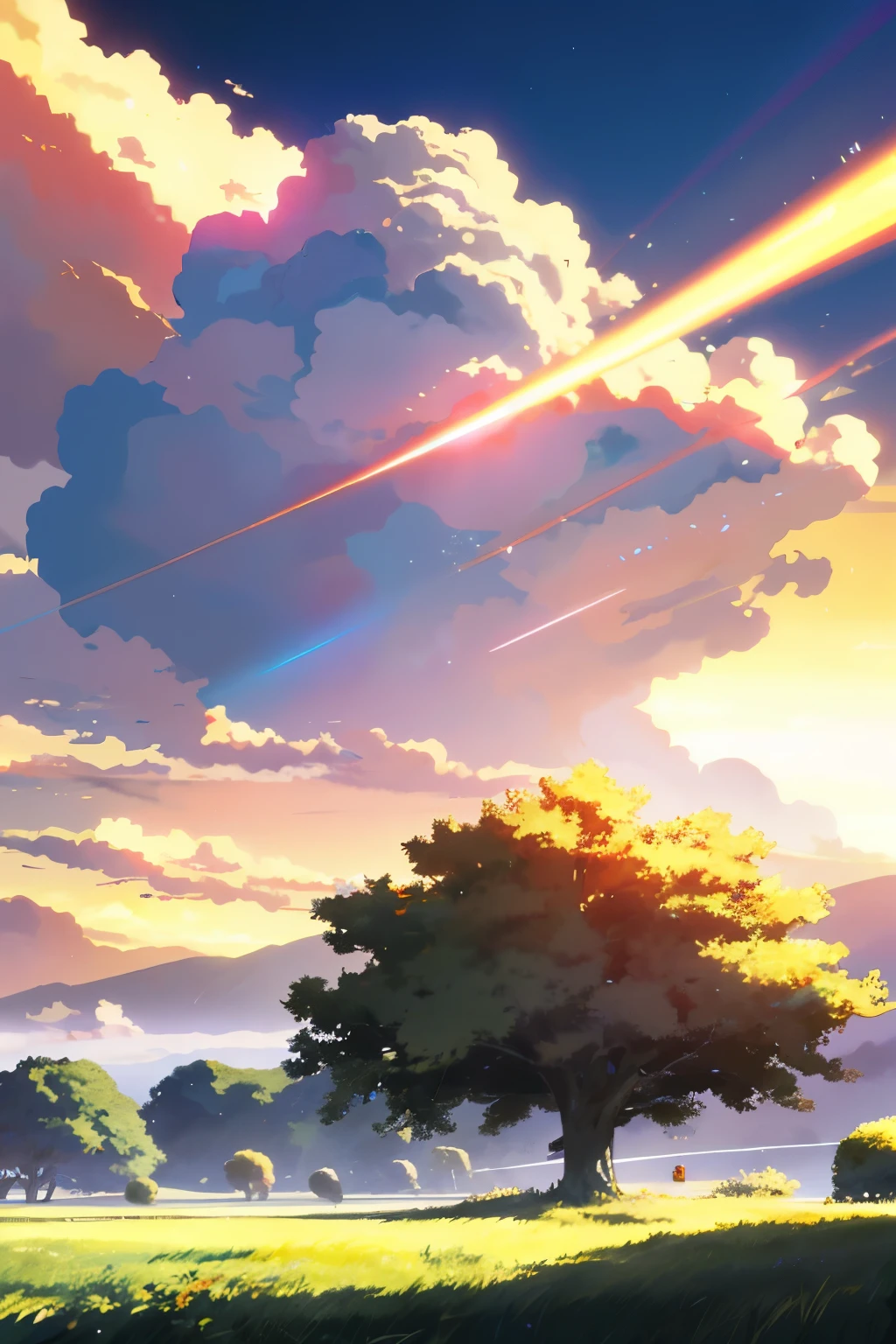 Anime Landscape: A Pearlsuper, a stunningly polished white hypercar prototype, elegantly sits in a vast field of tall, swaying grass. The setting sun casts its warm, hazy glow over the scene, painting the sky with vibrant oranges and purples. This tranquil anime scene, reminiscent of the masterful works of Makoto Shinkai and Cyril Rolando, is a stunning piece of art ideal for an 8K anime wallpaper or an amazing 4K anime art wallpaper, offering a beautiful anime peace scene that would make a fantastic artistic anime background or anime wallpaper art 4K.
