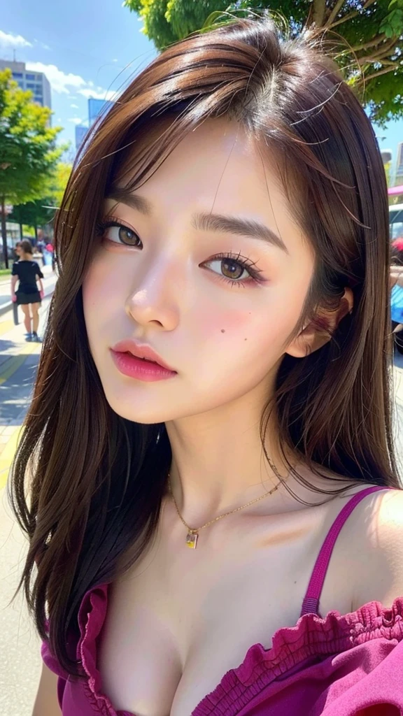 (best quality, 8k, 32k, masterpiece, UHD:1.2), ultra high resolution, (pretty a Korean early teen girl), 13 years old, portrait, beautiful detailed eyes, dark make-up, semi long brown hair, bangs, (wearing magenta camisole), large breasts, cleavage, crowded city boulevard on a bright sunny day, (detailed background:1.5)