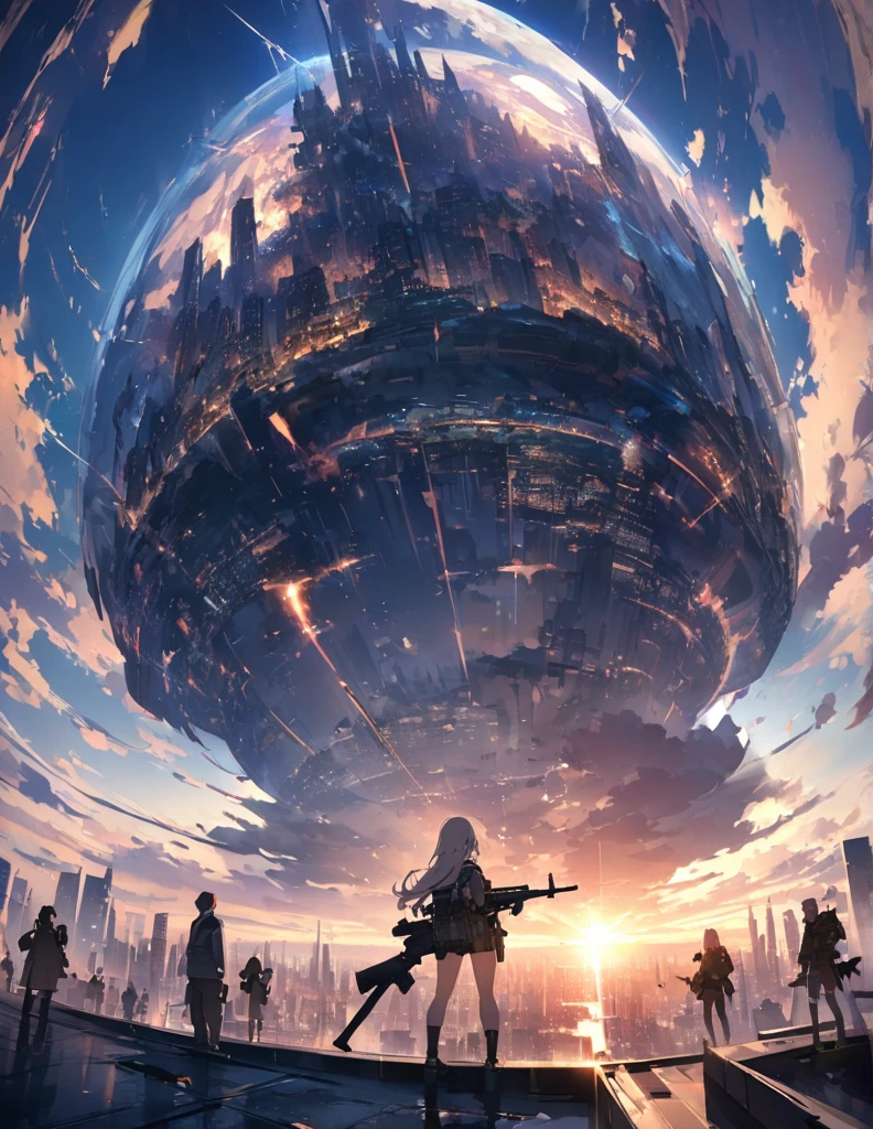 (anime)、(masterpiece:1.2),Atmospheric perspective,Lens flare、Ultra-wide background focused on the girl、Future City、girl standing on the roof、cute、Another World M4 Carbine,Possession of a gun