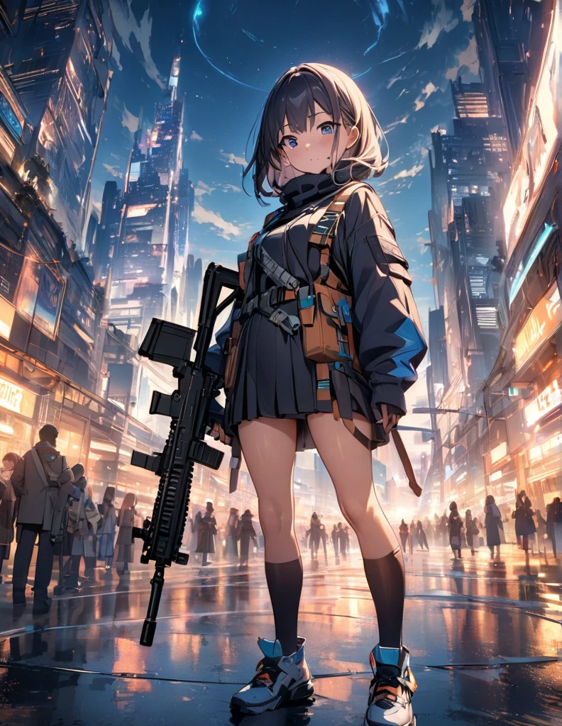 (anime)、(masterpiece:1.2),Atmospheric perspective,Lens flare、Ultra-wide background focused on the girl、Future City、girl standing on the roof、cute、Another World M4 Carbine,Possession of a gun