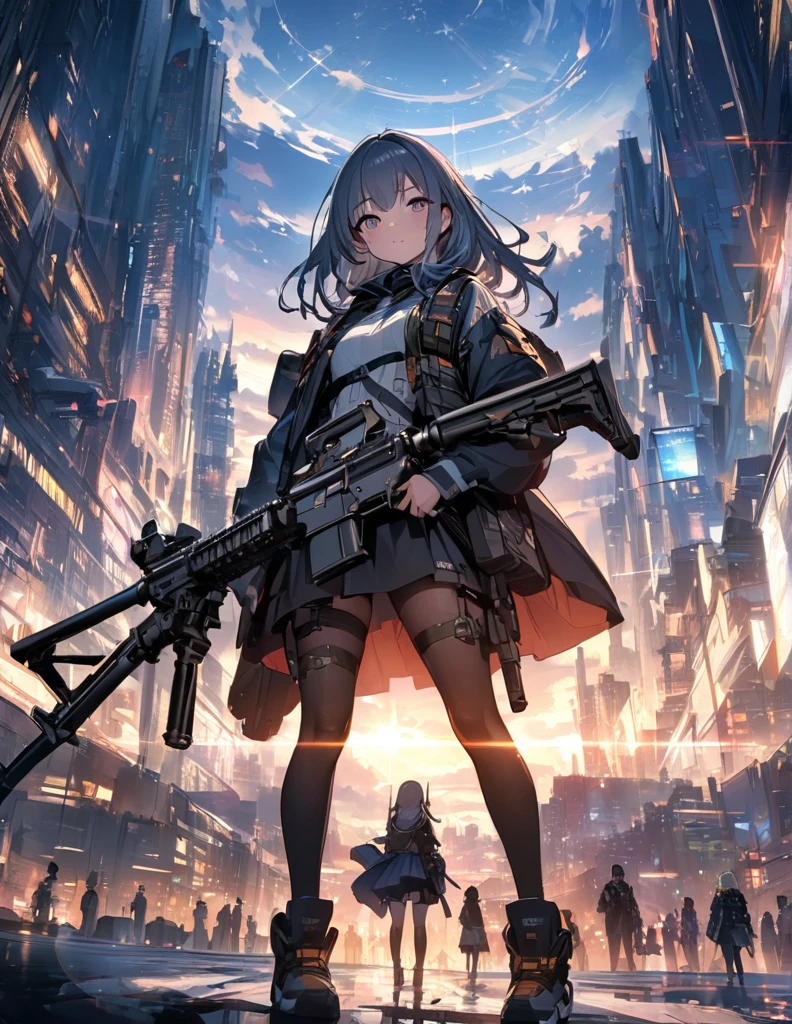 (anime)、(masterpiece:1.2),Atmospheric perspective,Lens flare、Ultra-wide background focused on the girl、Future City、girl standing on the roof、cute、Another World M4 Carbine，Possession of a gun
