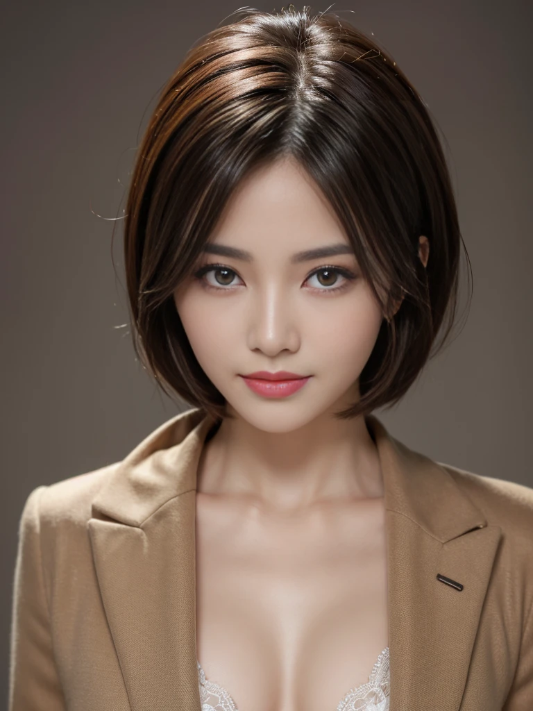 The best quality in the best condition, Realistically, Very detailed, About pubic hair, High resolution, Plain background,8k wallpaper, One beautiful woman,,Light brown short hair, Wear a dark suit, Lock Focus, Perfect dynamic composition, Beautiful Eyes, Delicate hair, 细致Realistically的皮肤纹理, smile, Close-up portrait, Model body type