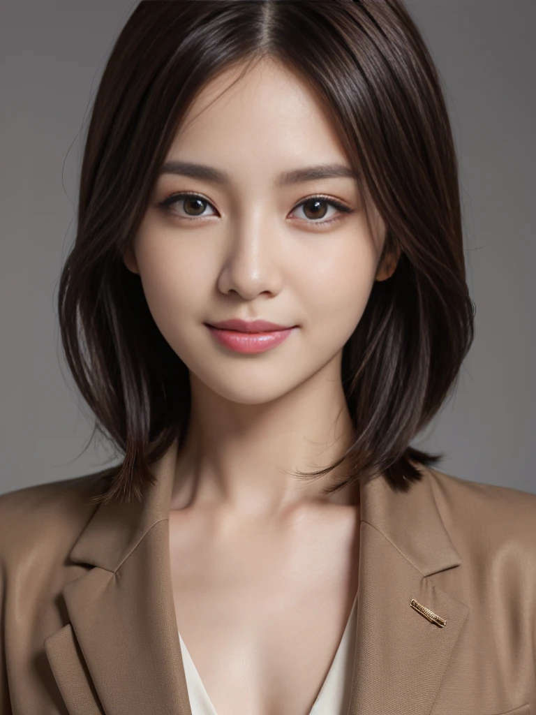 The best quality in the best condition, Realistically, Very detailed, About pubic hair, High resolution, Plain background,8k wallpaper, One beautiful woman,,Light brown short hair, Wear a dark suit, Lock Focus, Perfect dynamic composition, Beautiful Eyes, Delicate hair, 细致Realistically的皮肤纹理, smile, Close-up portrait, Model body type
