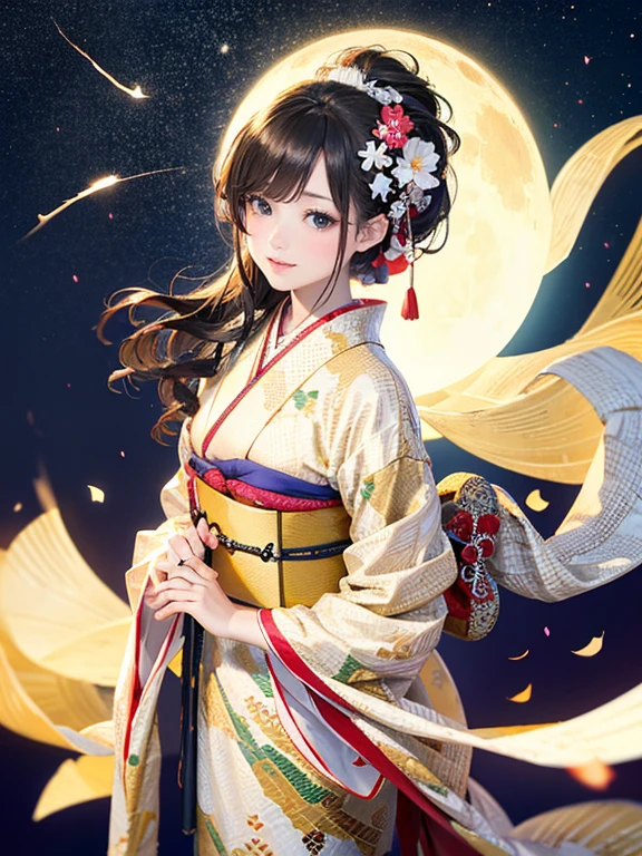 (Highest quality、 8k wallpaper、masterpiece、High resolution)、Vibrant colors、The Tale of the Bamboo Cutter、The Tale of Princess Kaguya、Elegant and beautiful woman with long black hair、A kind look、Smile on the lips、Traditional costumes of Japan、12 Single layer costume、whole body、Detailed Background、(Moso bamboo, starry sky and full moon)、Detailed digital art、