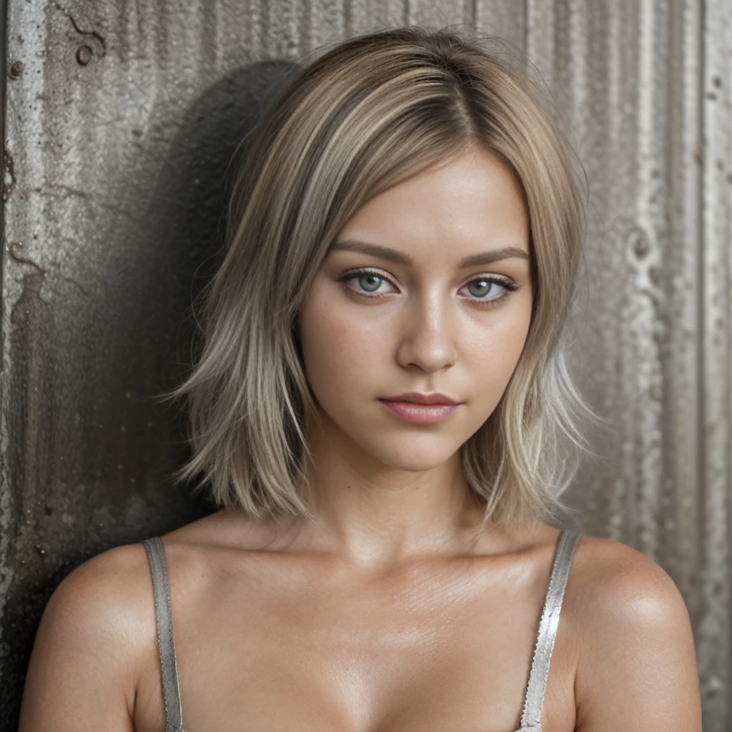 a young attractive woman with blonde hair leaning on a rusty wall, in the style of exaggerated facial features, sterling silver highlights, sharp edges, avacadopunk, soft edges, dark white and light gray, edgy --ar 1:1 --stylize 750 --v 6