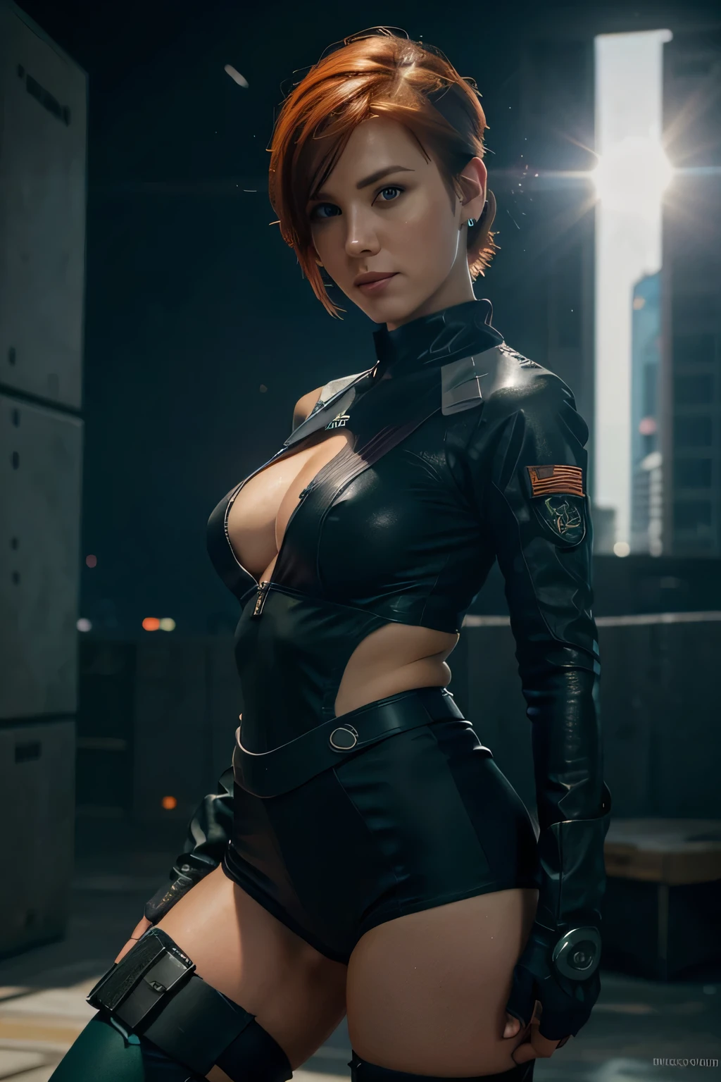 Gwen Tennyson,tracer,Bulma,Rebecca Chambers,observe,1 girl,Solar,Close-up,Cyberpunk city,spaceship,moon, space plus suit,military uniform,military equipment,garters,long sleeve lycra top, micro lycra shorts,short hair,silver earrings,Gothic eyeliner,wet shirt,green eyes,orange hair,purple highlights on hair,shy smile,freckles,redhead, beautiful girl,Big breasts,Ultra detailed,realistic,fantasy art,