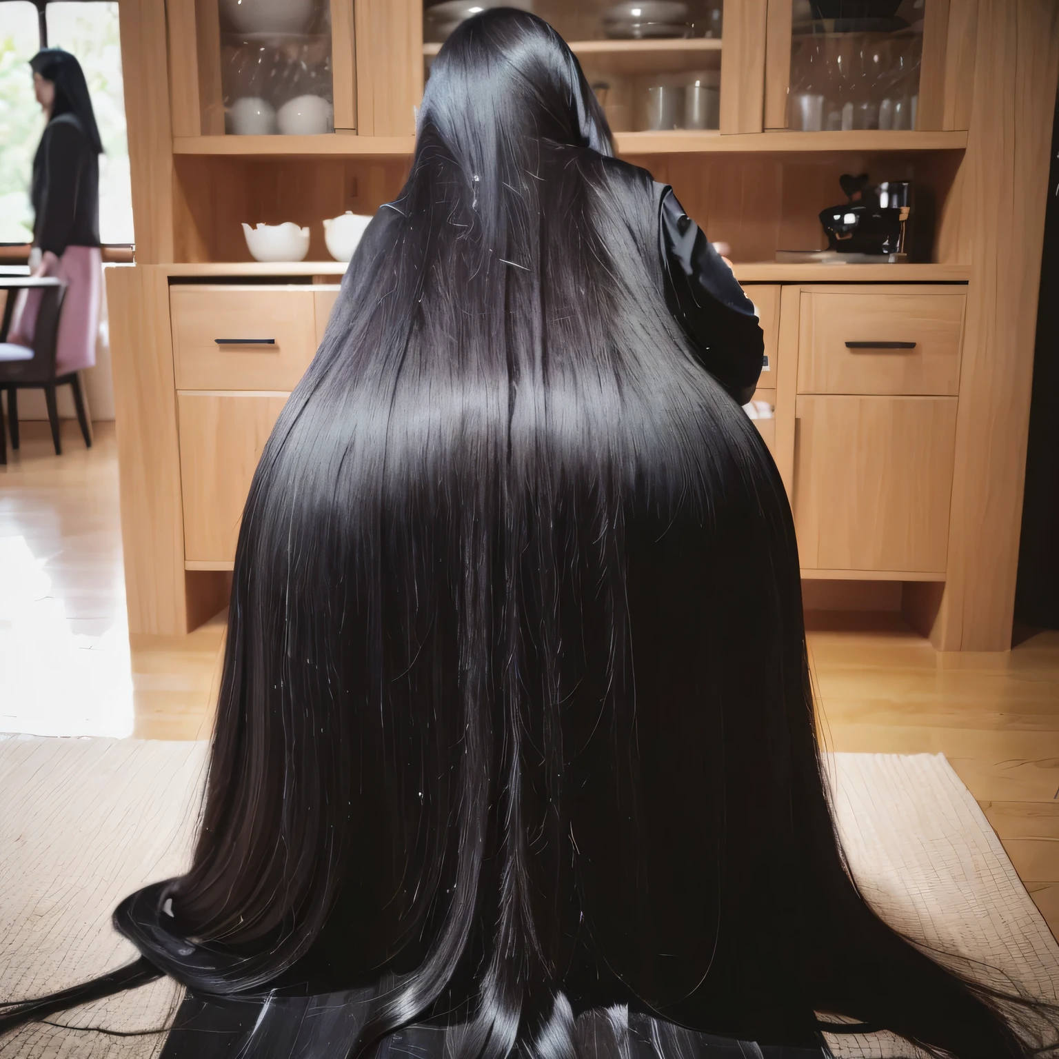 8K, RAW photo, best quality, masterpiece, realistic, photo-realistic, clear, professional lighting, best quality, ultra high res, ultra detailed, 1 lady, upper body, ((from behind:1.5)), ((Looking forward:1.5)), Japanese, milf, 50 year old, ((Middle-aged woman on the 白いカーペットin a home:1.2)),((Absurdly Long hair:1.5)), (( jet Black hair:1.3)), ((All I can see from behind is her extremely long black hair:1.5)),((She is seducing him by spreading her huge amount of her extremely long black hair all over the room.:1.5)) ((Her biggest pride is her extremely long black hair)), ((A huge amount of black hair that is so long it covers her entire back:1.5)), ((A huge amount of abnormally long black hair reaching the ground:1.5)) , ((Extremely obese:1.5)), ((Relaxed body:1.5)) ((pale skin:1.3)), ((shiny skin)), (Pink Sweater), (Red ruffle skirt)