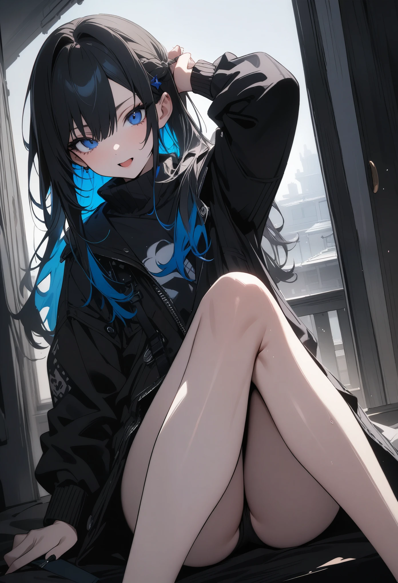 high quality,Cool Beauty, 最high quality、 Stylish design, (((The most beautiful girl))), ((Thin legs))、(((最high quality))), High resolution, ((detailed)), ((masterpiece)), ((Super detailed)), 、B girl fashion、Black Hair、Inner Color、((Sexual))