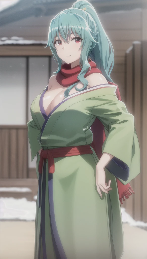 photorealistic, (4k), depth of field, (Masterpiece), (realistic skin texture), extremely detailed, intricate, hyper detailed, high resolution, professional photography, bokeh, sharp detail, best quality, woman,  (green kimono), long hair, aqua hair, ponytail, red eyes, red scarf, large breasts, standing with hands on hips , mountain path, snowing, snow, japanese style, japanese village, msfw