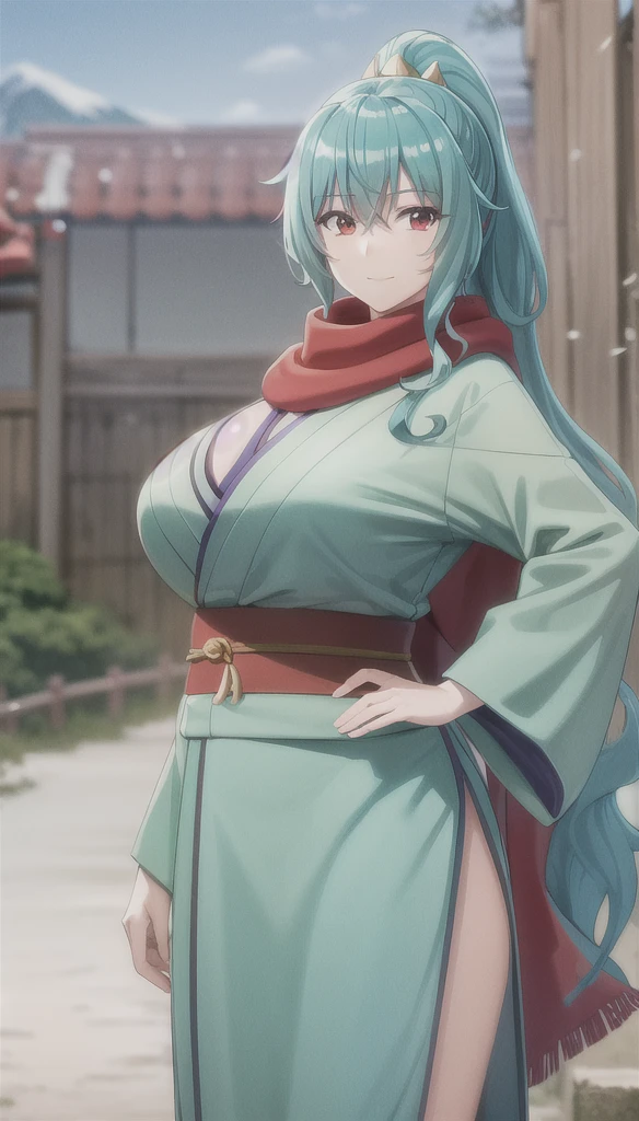 photorealistic, (4k), depth of field, (Masterpiece), (realistic skin texture), extremely detailed, intricate, hyper detailed, high resolution, professional photography, bokeh, sharp detail, best quality, woman,  (green kimono), long hair, aqua hair, ponytail, red eyes, red scarf, large breasts, standing with hands on hips , mountain path, snowing, snow, japanese style, japanese village, msfw