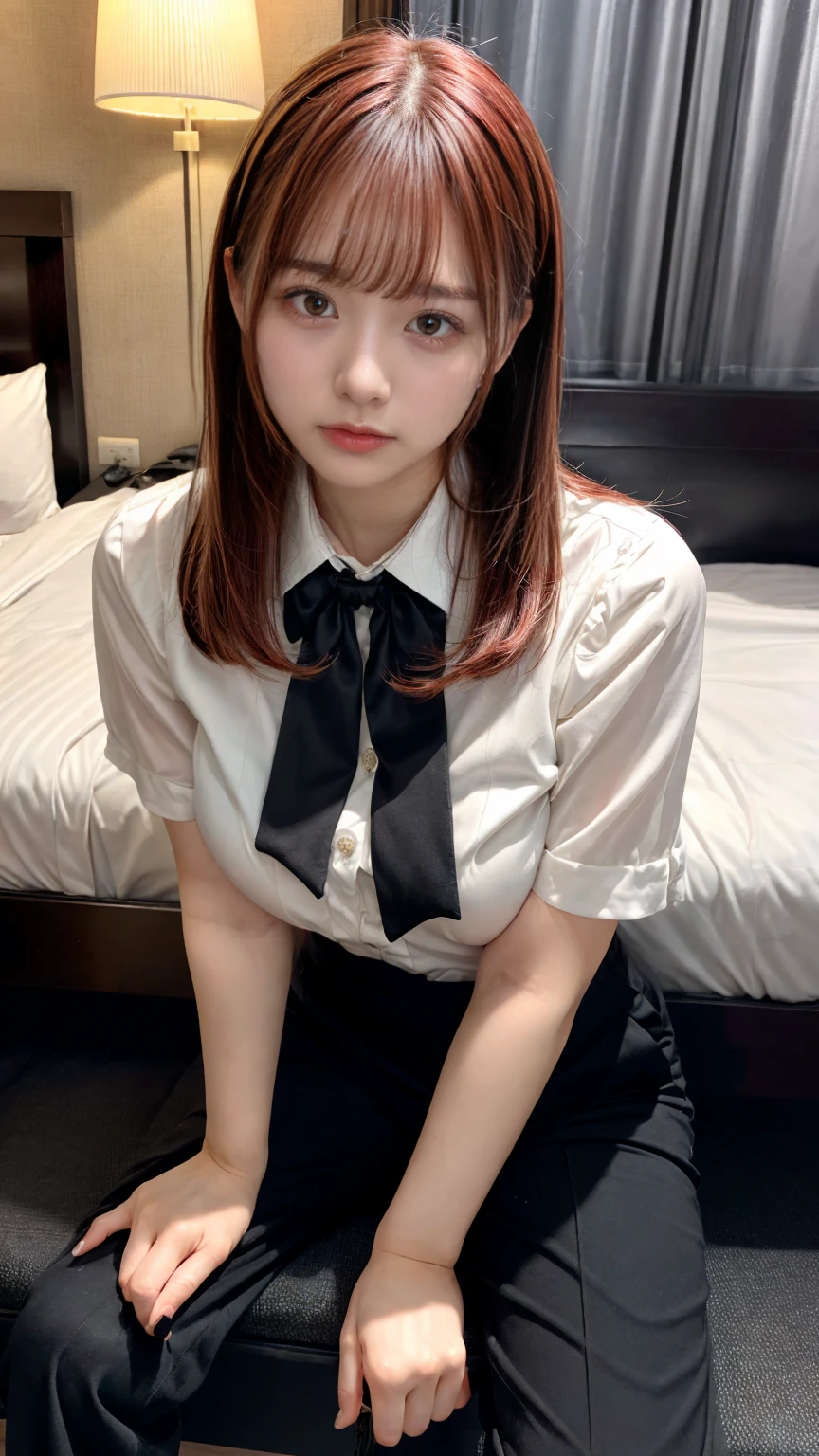 Highest quality、Ultra-high resolution、Professional Lighting、Detailed Background、hotel room、full body,Kobeni-chan、crying a little、25-year-old woman、beautiful girl、(Kobeni-chan、Jet black hair, Black Hair, bangs, One-sided hair,)、(Red Hair Clip:1.1)、(White shirt:1.2)+(Black tie:1.2)+(black long pants for work:1.2)、(Huge breasts that look like they might burst:1.2)、(Big thighs:1.1)、Are standing、Model pose