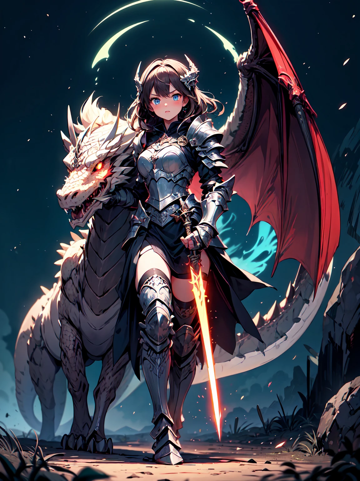 (masterpiece), (best quality), (high uqality), (8k), girl, (full-body), dragon armor, intricate details, red glow, short shilver hair, back messy hair, detailed hair strands, light blue eyes, dominance expression, walking in lesser caotic place as she rule the world, fire background, and dragons in the night sky, fierce aura, (high quality ilumination)