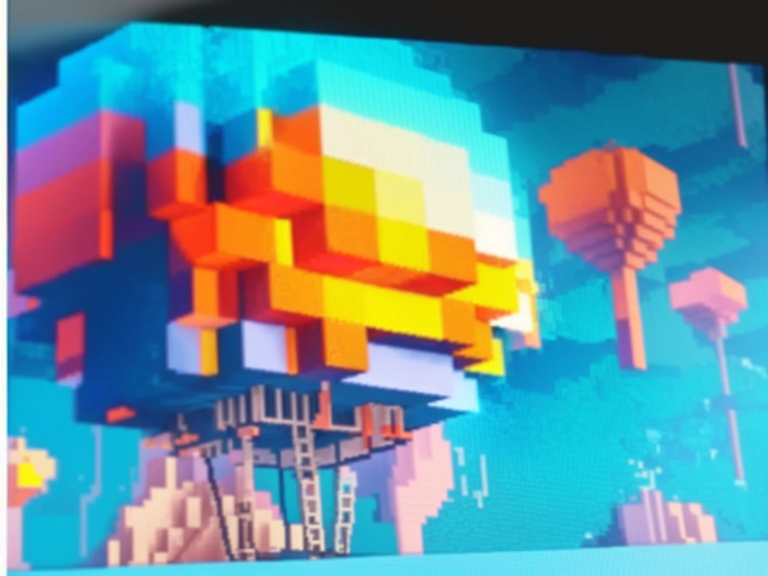 There is a picture of a video game on the screen, Ultra-detailed colorful low-polygon art, voxels art, Retro 3D graphics, voxelss, high quality voxels art, 8-bit games. Lovely! C4D, isometric voxels art, voxels, voxels based world, Inspired by James Girard, # Pixel Art, #Pixel Art