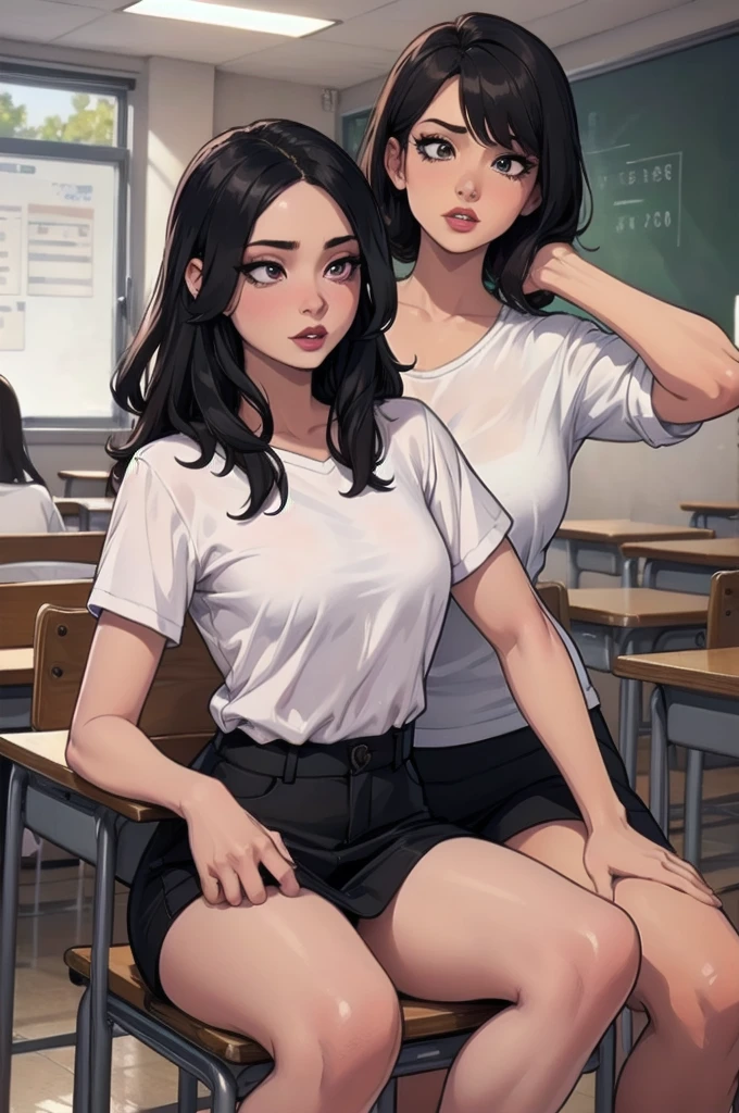 Multiple women, cute, sexy eyes, sexy women, eyeliner, intense eye contact, small nose, dark lipstick, full lips, (group of women:1.2), sitting on desks, classroom, 