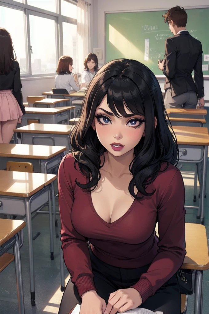 Multiple women, cute, sexy eyes, sexy women, eyeliner, intense eye contact, small nose, dark lipstick, full lips, (group of women:1.2), sitting on desks, classroom, 