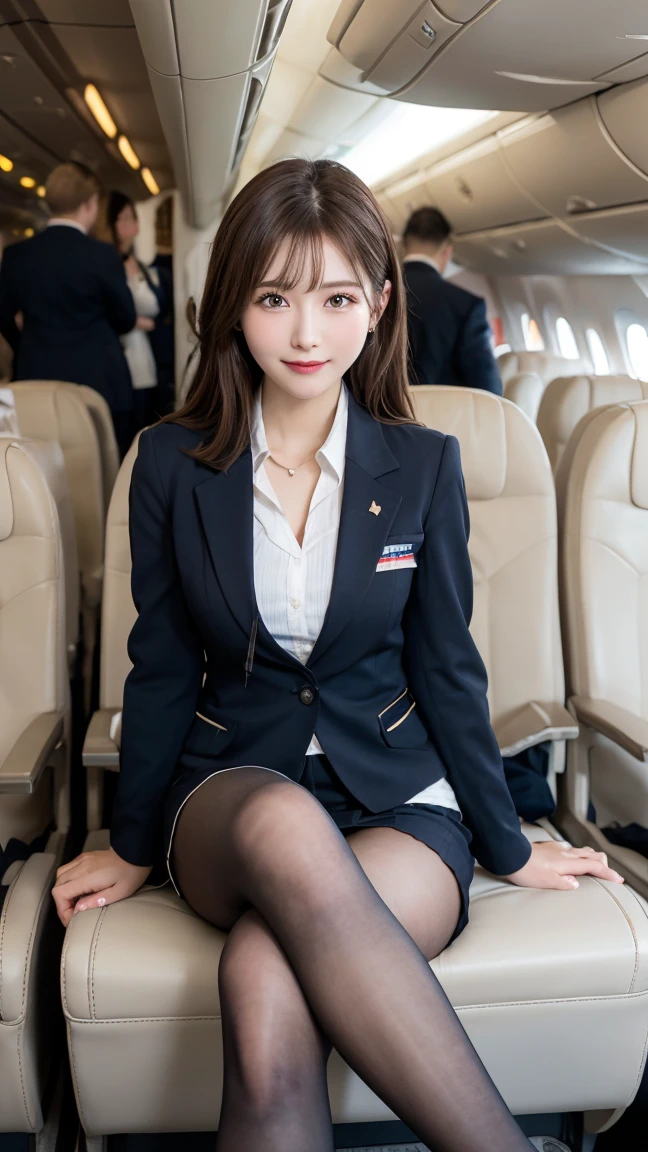 Highest quality、Tabletop、8k、Best image quality、Award-winning works), Two beautiful women、Glowing Beautiful Skin , masterpiece、Highest quality、Ultra-high resolution、Depth of written boundary、Lens Flare 1 Girl、、Brown Hair, Capture the attention of the audience, Large Breasts , Stewardess Uniform, ( Stewardess Blazer:1.3), shirt, Short skirt, (Black high heels), Perfect Legs, Sitting, Crossing your legs, (((White Panty Shot)))View from below, smile , Airplane cabin, pantyhose