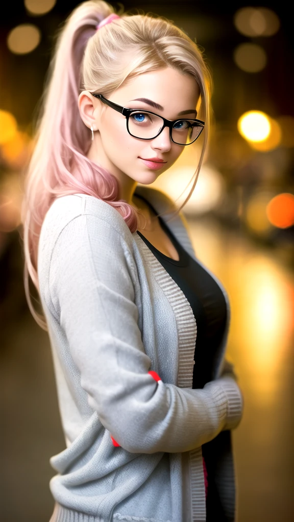 masterpiece,best quality, realistic illustration, style of Philip Lorca diCorcia, girl aged 18yo, 1girl, solo, blond-pink long hair, side ponytail, light blue eyes, black rimmed glasses, athletic body, large bust size, wearing a cardigan, perfect lips, perfect eyes, posing for the camera, pretty face, cute face, vignette, realistic facial features, highly detailed body, high budget, bokeh, cinemascope, moody, epic, gorgeous, whole body photo, film grain, grainy