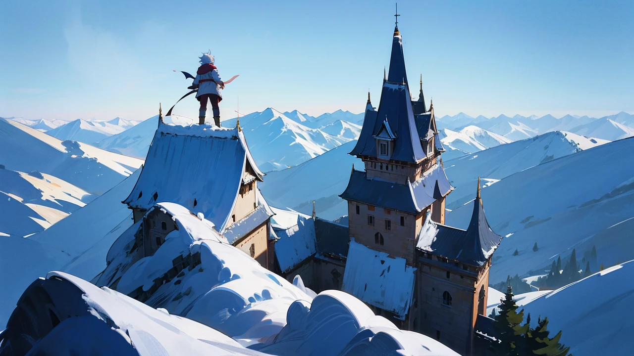 Anime poster style,slayer,boy, castle tower high perch background, Snow Mountain Background, It's snowing, (white hair:0.8), (focus on young men: 0.8), Zoom lens shot, By Studio Ufotlble,Skeleton Arm, dragon (((Masterpiece))), (((best quality))), (Very detailed CG unity 8k wallpaper.)