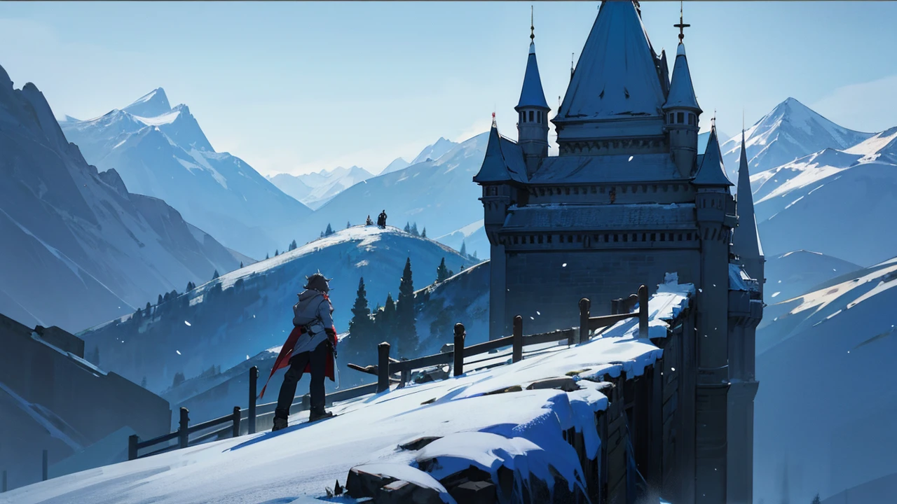 Anime poster style,slayer,boy, castle tower high perch background, Snow Mountain Background, It's snowing, (white hair:0.8), (focus on young men: 0.8), Zoom lens shot, By Studio Ufotlble,Skeleton Arm, dragon (((Masterpiece))), (((best quality))), (Very detailed CG unity 8k wallpaper.)