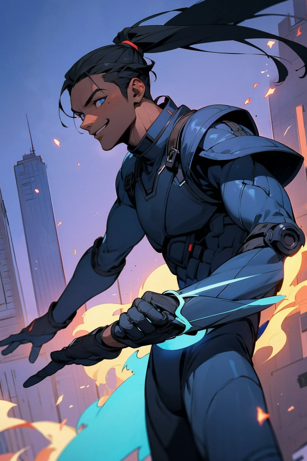 1male, dark skin, smiling, deadlock ponytail, black hair, blue eyes, blue and black super suit, flame design, man, city background, detailed background, detailed face, waving, standing