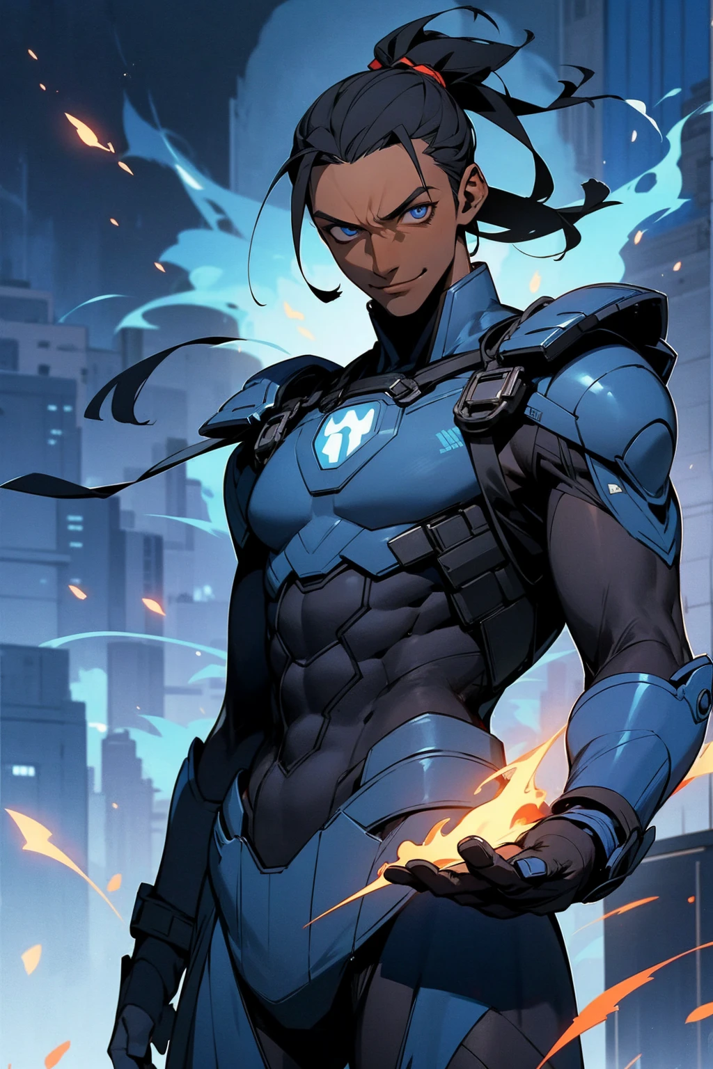 1male, dark skin, smiling, deadlock ponytail, black hair, blue eyes, blue and black super suit, flame design, man, city background, detailed background, detailed face, waving, standing