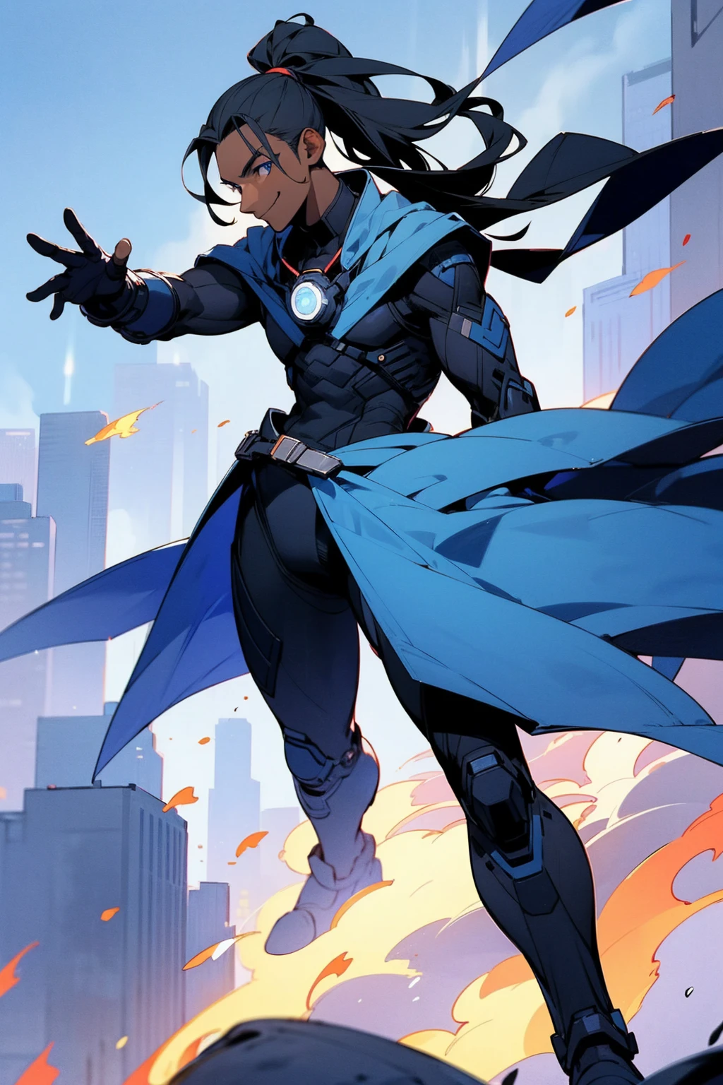 1male, dark skin, smiling, deadlock ponytail, black hair, blue eyes, blue and black super suit, flame design, man, city background, detailed background, detailed face, waving, standing