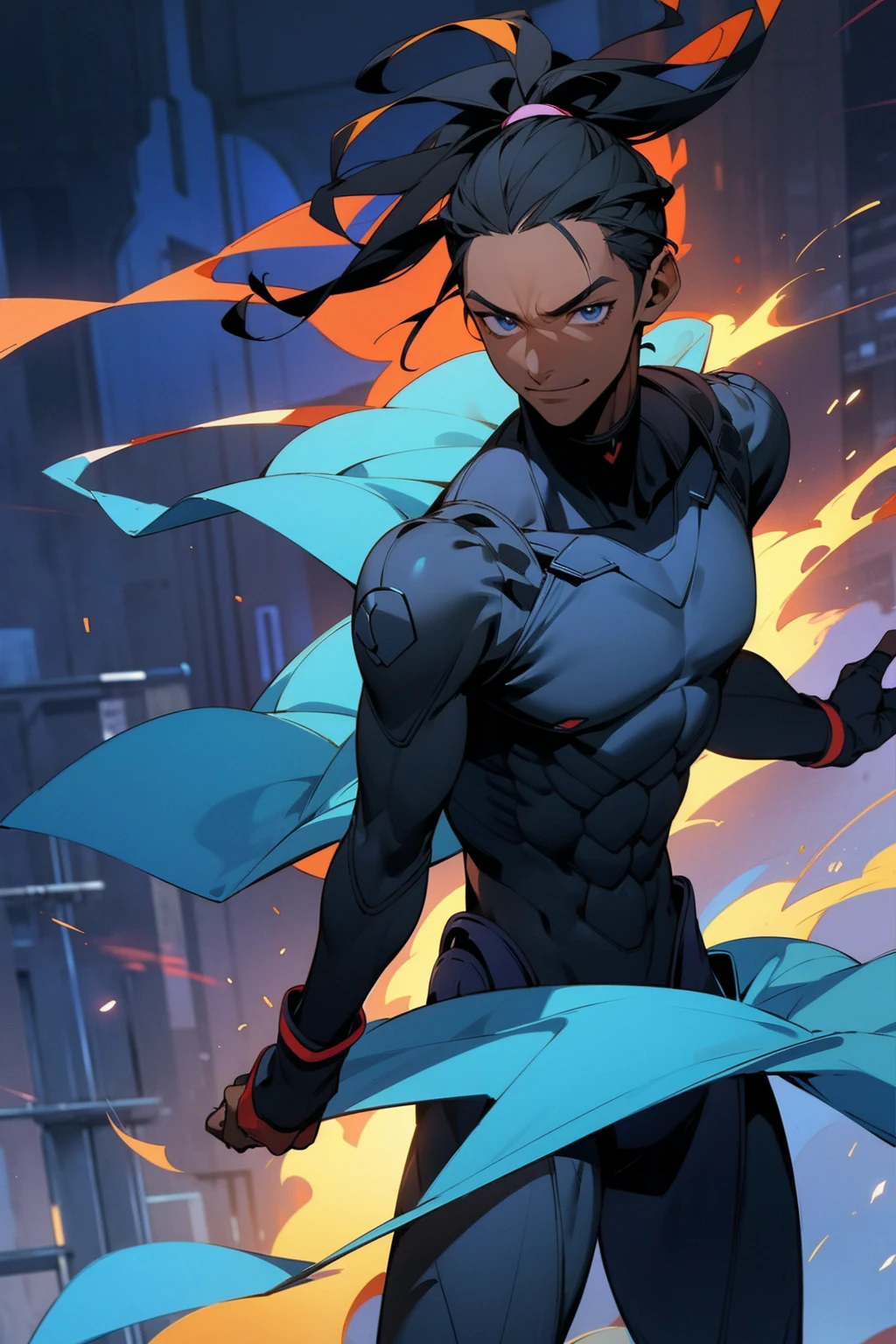 1male, dark skin, smiling, deadlock ponytail, black hair, blue eyes, blue and black super suit, flame design, man, city background, detailed background, detailed face, waving, standing