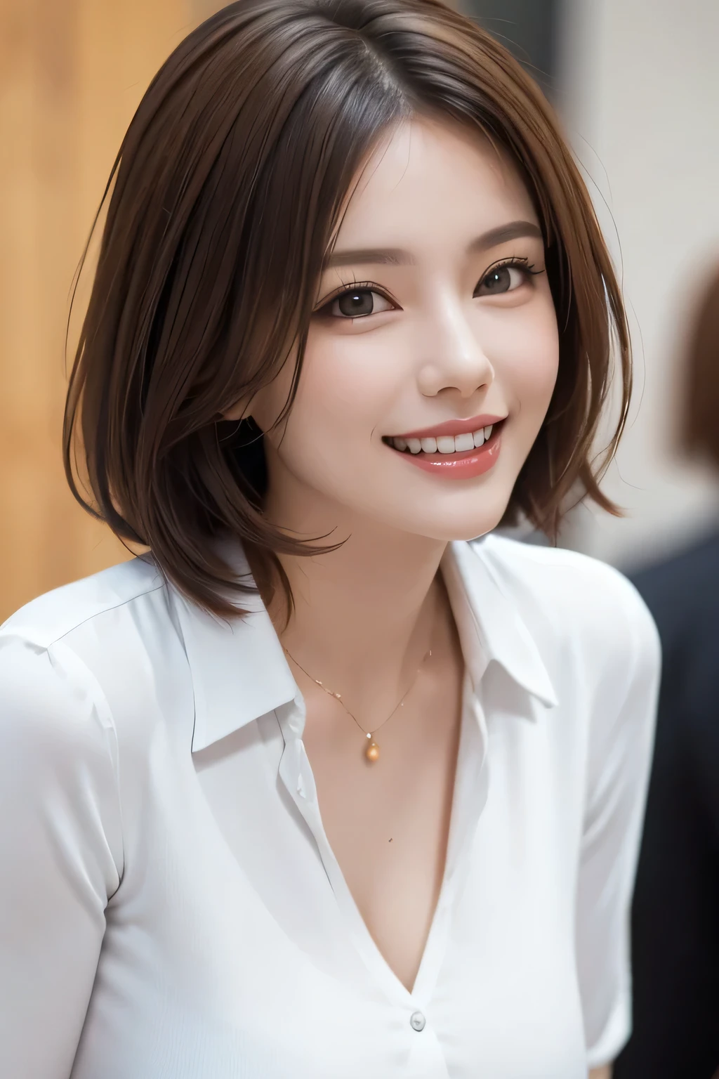 ((masterpiece)), ((Highest quality)), ((Complex)), ((Surreal)), (Realistic), (Mature Woman), ((No classes)), Very detailed, (1 female), Beautiful and exquisite, (Beautiful Teeth), Grin, Brunette Bob Hair, Brown eyes, ((blouse)), (Upper Body), (background:none), Perfect Eyes, Captivating eyes, Looking at the audience