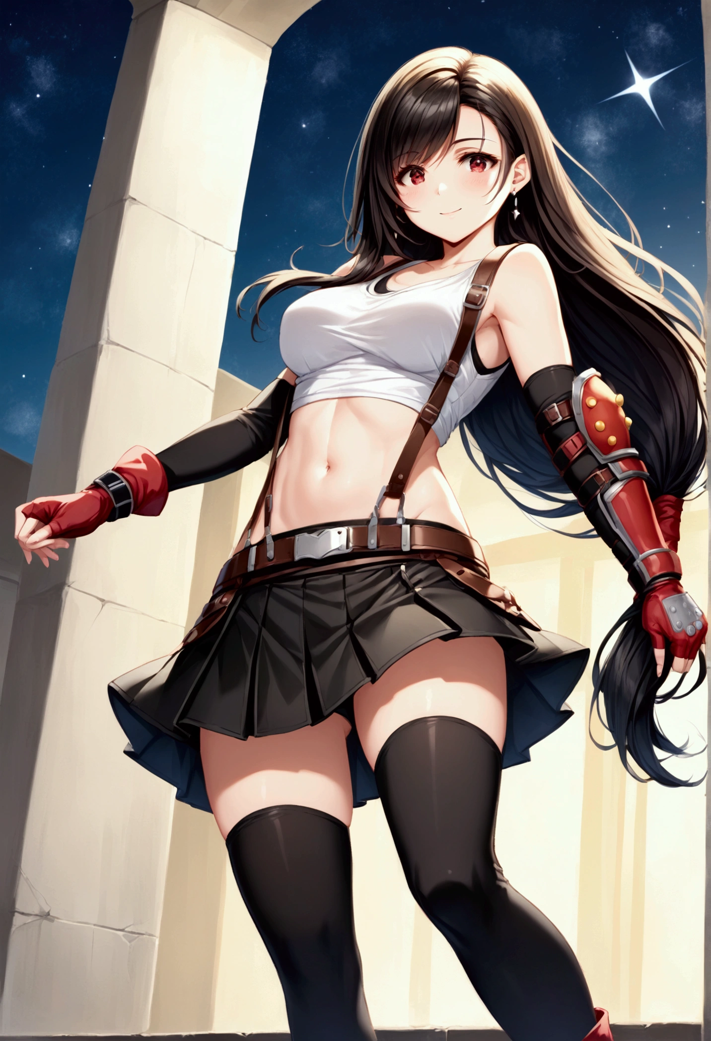 (score_9,score_8_up,score_7_up), masterpiece, best quality,
newest, recent, perfect anatomy,
official art, best perspective, depth of field,,
very aesthetic, illustration,,(Guts pose:1.3),(side pose:1.3),dynamicangle ,(upperbody) ,Solo,1girl, tifa lockhart, final fantasy,black hair, low-tied long hair, red eyes, bangs, (white tank top,gap),High exposure,Belly exposure,the ribs,(belt, pleated skirt, thighhighs, elbow fingerless gloves, elbow pads, midriff, navel,suspenders.skirt),beautiful waist ,(large_breast:1.3),light smile,,,outdoor,star sky,night,