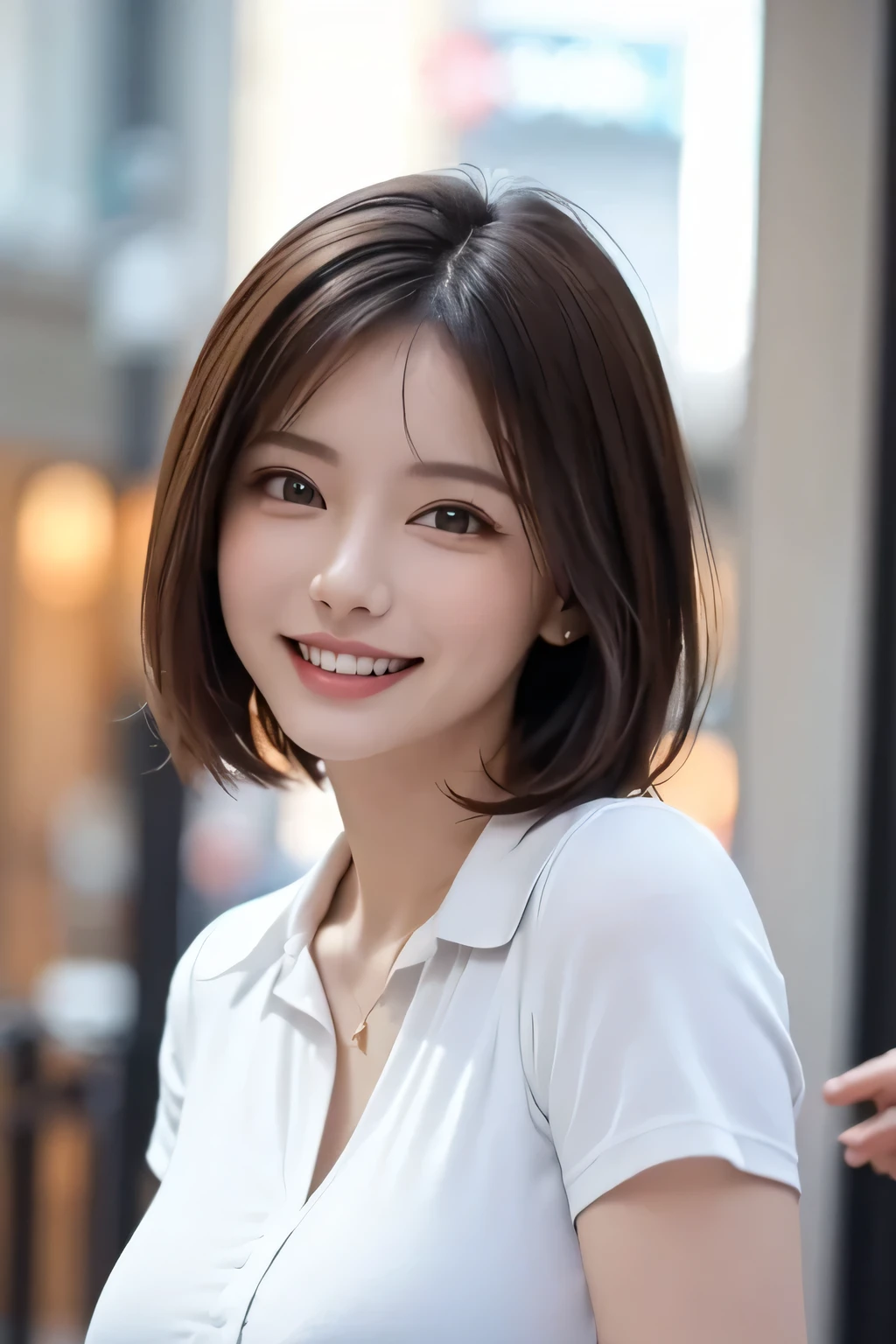 ((masterpiece)), ((Highest quality)), ((Complex)), ((Surreal)), (Realistic), (Mature Woman), ((No classes)), Very detailed, (1 female), Beautiful and exquisite, (Beautiful Teeth), Grin, Brunette Bob Hair, Brown eyes, ((blouse)), (Upper Body), (background:none), Perfect Eyes, Captivating eyes, Looking at the audience