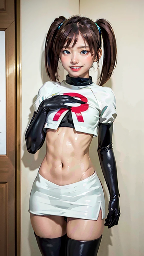 (masterpiece, Highest quality, In 8K, Very detailed, High resolution, Realistic:1.2), (Team Rocket uniform:1.3), (Grin:1.2), (Brown Hair, Twin tails, Mid-length hair:1.2), (Cowboy Shot:1.3), (20 year old Japanese woman:1.2), (The skirt is short:1.3), (Black patent leather gloves, Black patent leather long boots:1.2), (Upper body is thin:1.4), (Flat Chest:1.2), (Thick thighs:1.3), (Panty shot, Black panties:1.3)