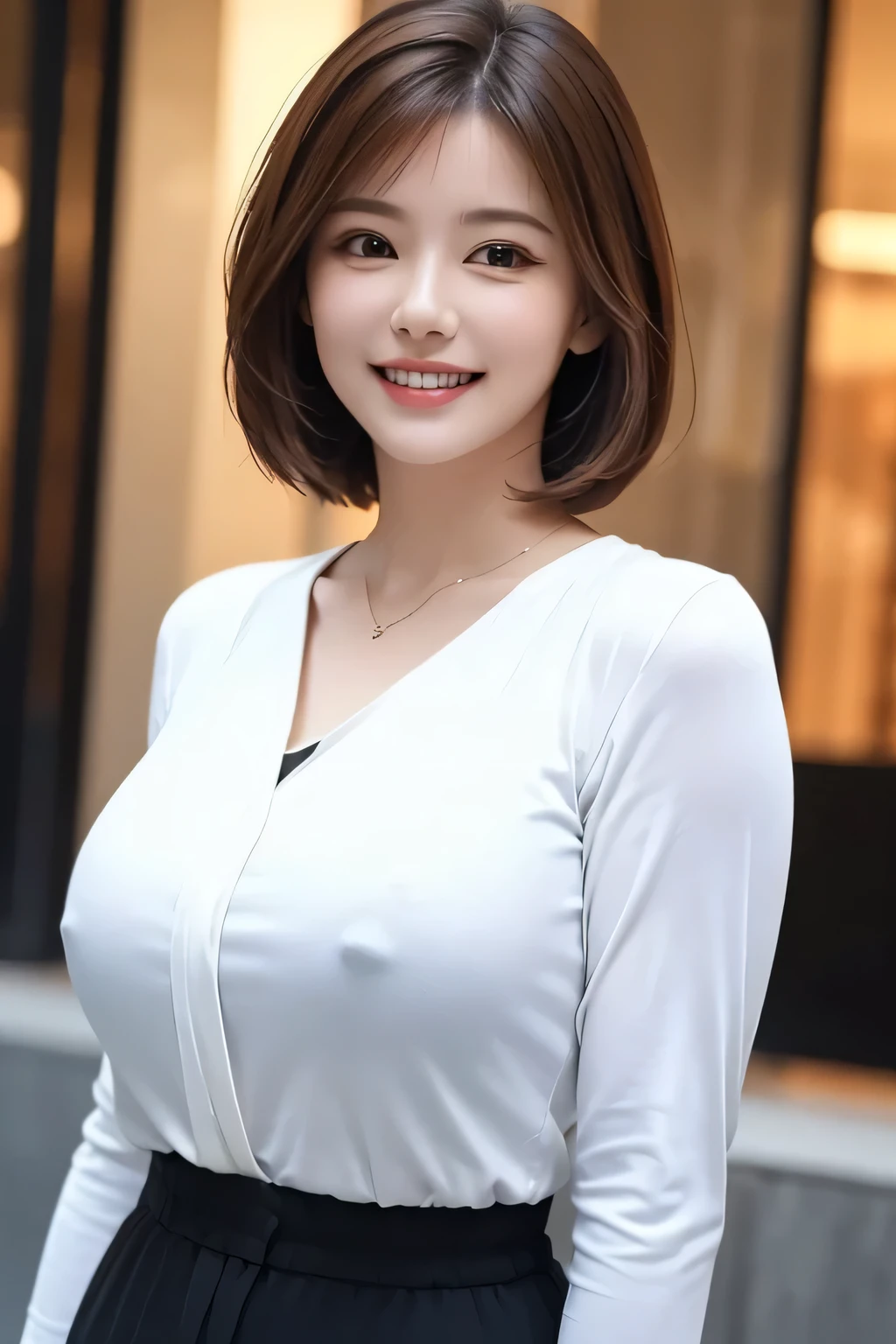((masterpiece)), ((Highest quality)), ((Complex)), ((Surreal)), (Realistic), (Mature Woman), ((No classes)), Very detailed, (1 female), Beautiful and exquisite, (Beautiful Teeth), Grin, Brunette Bob Hair, Brown eyes, ((blouse)), (Upper Body), (background:none), Perfect Eyes, Captivating eyes, Looking at the audience