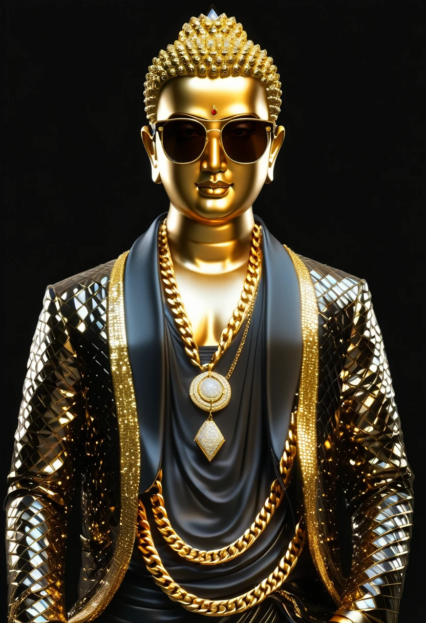 An illustration of Buddha, dressed in Glittering Fashion clothing, black jacket, dark golden shades, gold diamond chains, dark eyes glasses, in digital arts style, with volumetric lighting, more detail XL,Modern, ultra HD, 4K resolution ,Expressiveh
