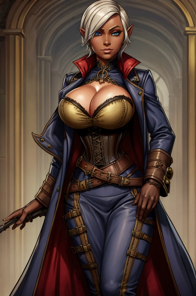 Butch Henchwoman, drow,brass,coat,steampunk,corset,straps