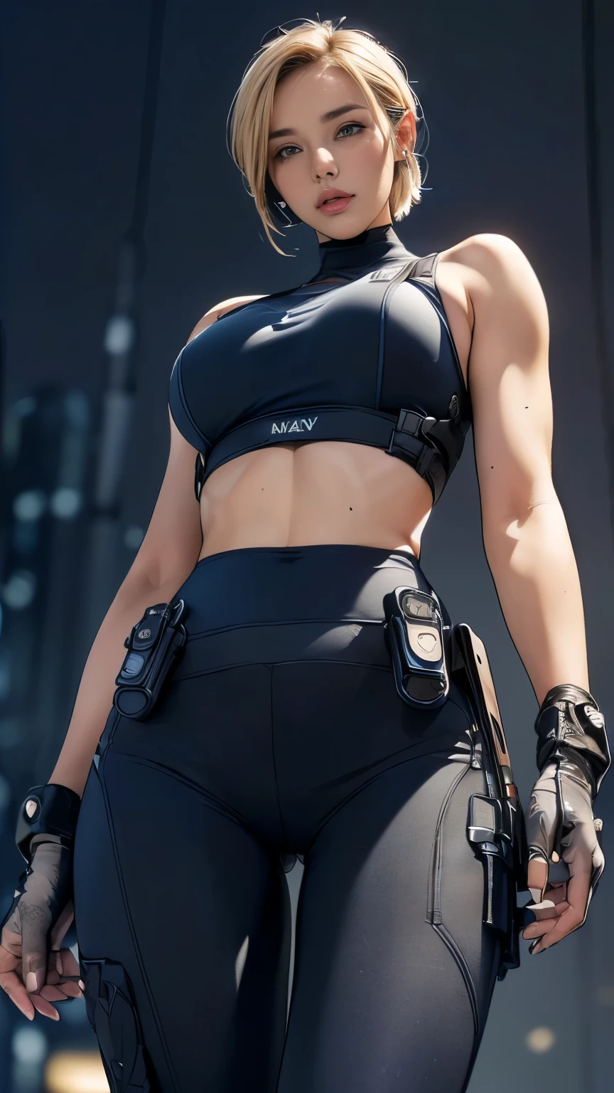 (A woman),(((Future female police officer standing))),((Navy Tactical Leggings:1.5)),((earphone:1.5)),((Tactical Holster:1.5)),(Gloves:1.5),(Serious:1.5),(Super short hair:1.5),(Blonde:1.5),(beautiful eyes:1.3),(Very detailedな顔:1.5),((Very detailed drawing of a female hand:1.5)),((muscular:1.5)),(Sexy appearance:1.5),((Thick thighs:1.5)),(Beautiful Body:1.5),((Very sensual:1.5)),(The backdrop is a futuristic city:1.5),(Cyberpunk atmosphere:1.5),(((Blurred background:1.5))),(Written border depth:1.5),rest(((masterpiece:1.5),(best quality:1.5),(Very detailed:1.5),(high resolution:1.5),(Practical:1.5),(Practical:1.5),(Delicate depiction),(carefully drawn))),8K,wallpaper,(From below:1.2),