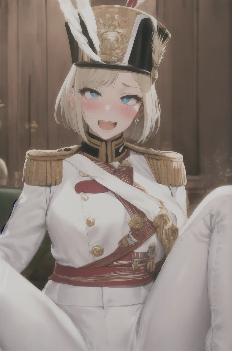 masterpiece, Highest quality, Absurd, High resolution, Very detailed, One Girl,  army_uniform, uniform, Sitting, have, Epaulettes ,army, white_pants, Blue_Jacket,shako have,Napoleon, Infantry Regiment,青 coat, 青 and white hackle, 青 and white plume, Blonde Bob Cut, 青 eyes, Conceit, Apply blush all over the face, Large Breasts, slightly larger hips, Tight waist, In the room,Pussy,Seduce,pussy,濡れたPussy、show、Love juice,slit pussy,Big Breasts,Excited,Pussy,Pussy