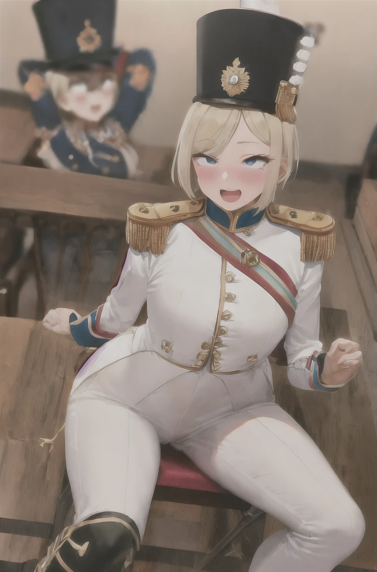 masterpiece, Highest quality, Absurd, High resolution, Very detailed, One Girl, army_uniform, uniform, Sitting, have, Epaulettes ,army, white_pants, Blue_Jacket,shako have,Napoleon, Infantry Regiment,青 coat, 青 and white hackle, 青 and white plume, Blonde Bob Cut, 青 eyes, Conceit, Apply blush all over the face, Large Breasts, slightly larger hips, Tight waist, In the room,Pussy,Seduce,pussy,濡れたPussy、show、Love juice,slit pussy,Big Breasts,Excited,Pussy,Pussy