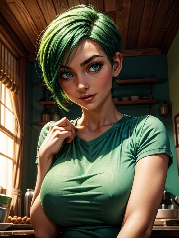 woman with short green hair, fair skin, blue eyes, wearing a green shirt, breasts facing the viewer, expression of joy, happiness, sensual pose. looking at the viewer.