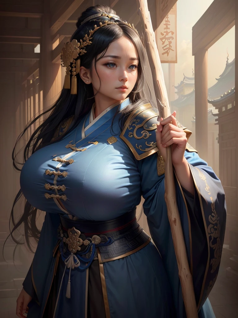 a man in a light blue robe holding a thin wood stick, inspired by Cao Zhibai, inspired by Dong Yuan, inspired by Huang Ding, inspired by Hu Zaobin, inspired by Wu Bin, inspired by Xuande Emperor, liang xing, pan ren wei, inspired by Li Kan, inspired by Guan Daosheng, inspired by Wu Zuoren, Highly detailed CG unit 8k wallpaper, masterpiece, High resolution, highest quality, highest quality real texture skin, Super Real, Digital Painting, Best image quality, 最High resolution, 8k, (((Highly detailed eyes and face, Beautiful eyes every detail))), (Saggy breasts, Gravity-dependent breasts, long chest, Heavy chest, disproportionate breasts, huge breasts, sagging breasts, gigantic breasts, black hair, profile,