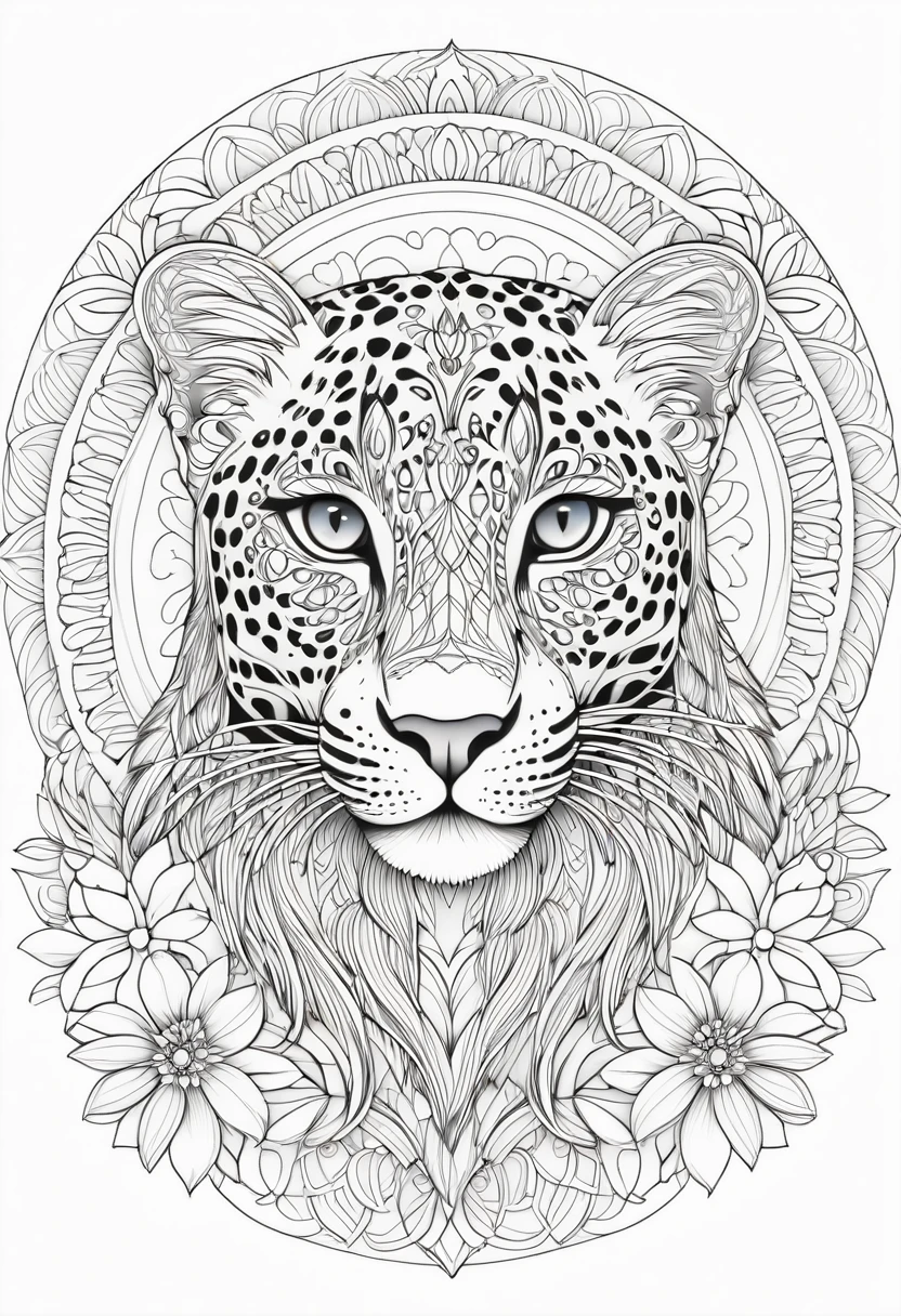 A striking black and white line art coloring page designed for adults with white background, featuring a majestic Leopard in a mandala-inspired style. The Leopard is adorned with intricate patterns that include floral and geometric designs, making it an engaging and detailed work of art. The illustration focuses on crisp, clean lines and bold outlines, without any shading or color, allowing the user to bring their own vibrancy to the piece. The minimalistic design, with its thick lines and absence of background details, creates a soothing coloring experience for adults seeking calming and creative activities. illustration