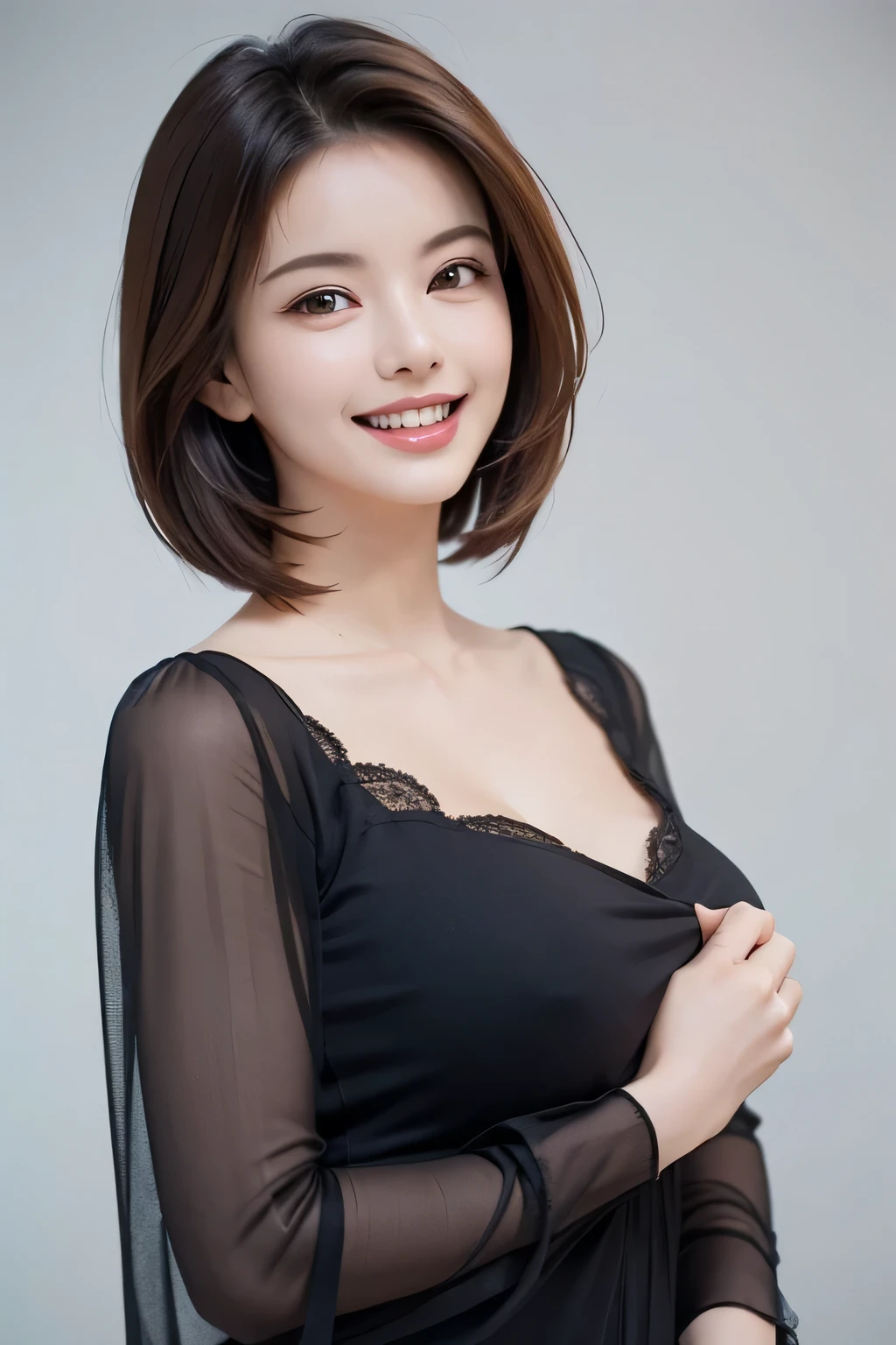 ((masterpiece)), ((Highest quality)), ((Complex)), ((Surreal)), (Realistic), (Mature Woman), ((No classes)), Very detailed, (1 female), Beautiful and exquisite, (Beautiful Teeth), Grin, Brunette Bob Hair, Brown eyes, ((blouse)), (Upper Body), (background:none), Perfect Eyes, Captivating eyes, Looking at the audience
