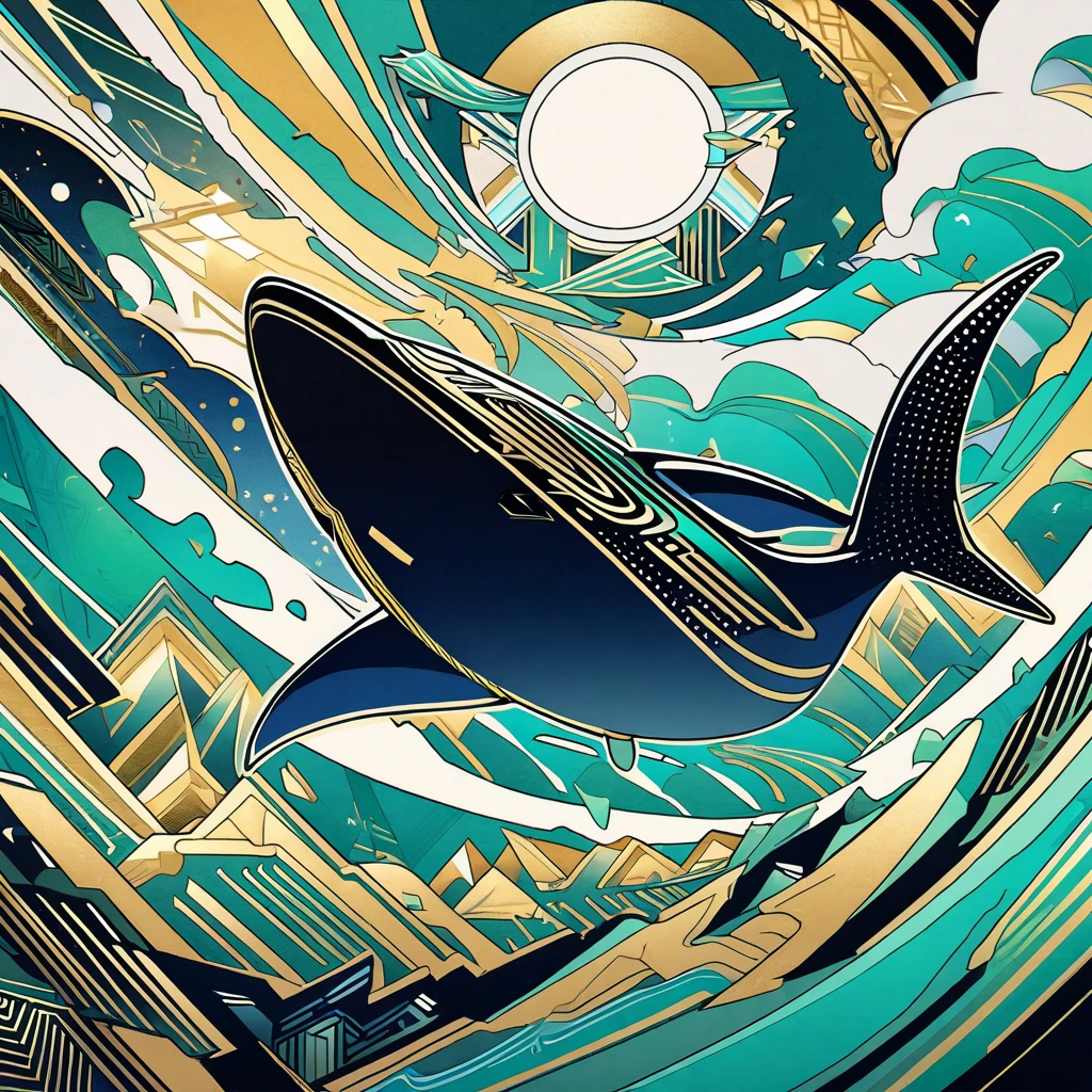 A flying whale、Create images painted in the Art Deco and Pop Art style。In the background、Gold and black geometric pattern、The whale is colored emerald green and silver.。The whale's body has sparkling lines drawn on it.、It creates a luxurious and fantastic atmosphere.。