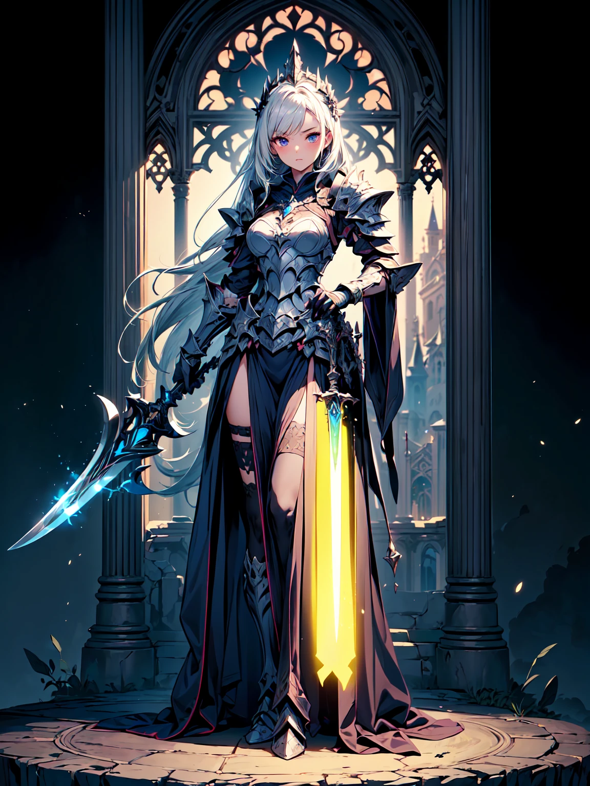 (((masterpiece, best quality, high detailed, 8k))) Design a layout showcase Gaming character, (1girl). Purple|Silver full body armor, stylish and unique. ((showcase weapon:1.4)), magical orb. (masterpiece:1.2), (best quality), 4k, ultra-detailed. (Step by step design, layout art:1.5), (luminous lighting, atmospheric lighting). sorceress, ((glove full hands)), (((revealing clothes:1.3))), vambraces, armored legwear, (((full_body_shot:1.4))). {In an enchanted castle}.