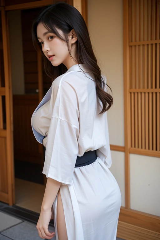 Beautiful Japanese, 21yo, brunette hair, Light-colored yukata,Yukata with thin fabric,Are thin,Flat ,Small breasts,Small Ass,Small waist,