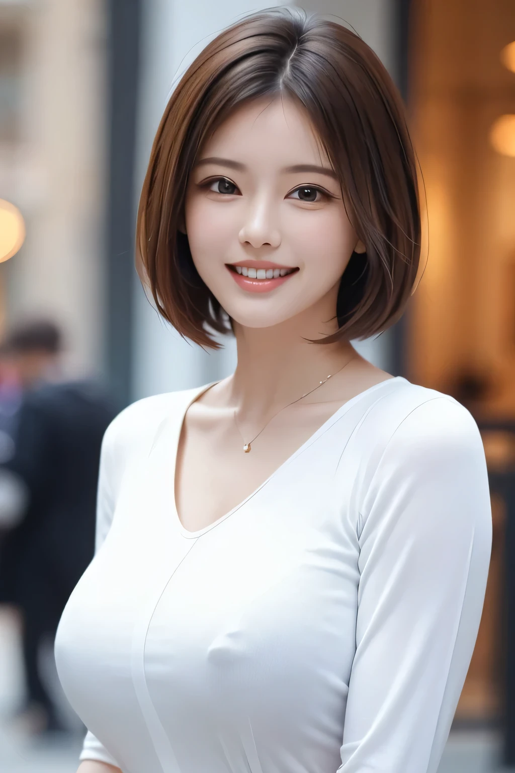 ((masterpiece)), ((Highest quality)), ((Complex)), ((Surreal)), (Realistic), (Mature Woman), ((No classes)), Very detailed, (1 female), Beautiful and exquisite, (Beautiful Teeth), Grin, Brunette Bob Hair, Brown eyes, ((blouse)), (Upper Body), (background:none), Perfect Eyes, Captivating eyes, Looking at the audience