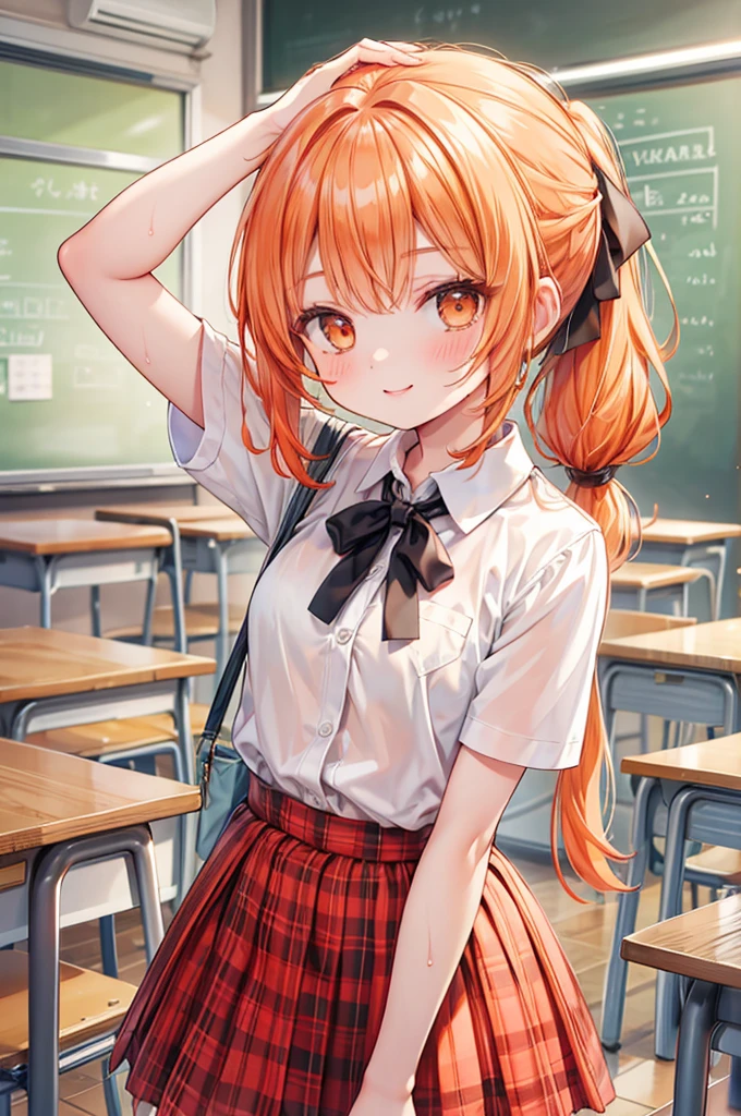 masterpiece, best quality,
1girl, summer , plaid skirt, orange hair, ponytail, smile, from front,
wet body, classroom,