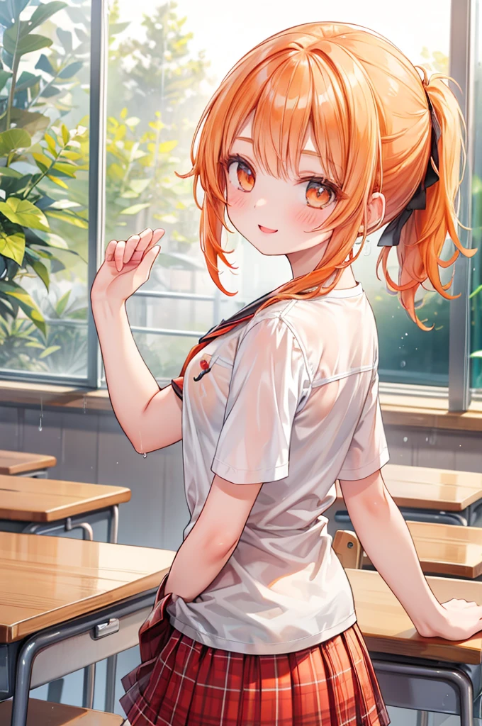masterpiece, best quality,
 1girl, summer , plaid skirt, orange hair, ponytail, smile, from front,
 wet body, classroom,