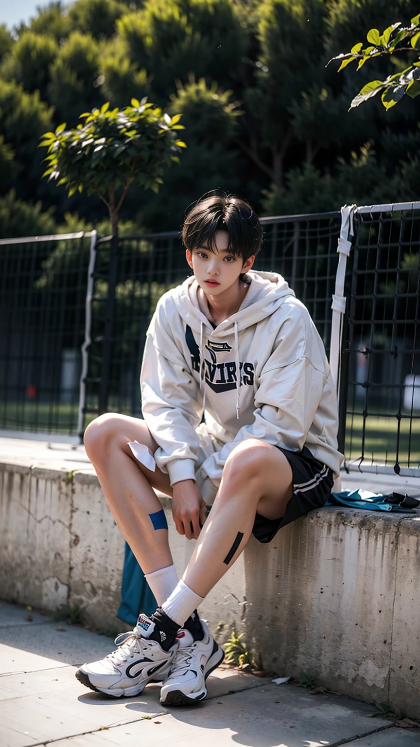 boy 16 years old, tall volleyball player，muscular，Bodybuilding，Slender legs，Broad shoulders，blue eyes, black hair color, Wear a white sweatshirt, Wear black sports shorts, Wear white sneakers, Cute and delicate face，Surprised face, Surprised eyes, Eyes look forward, From the front, Sitting, Sit in the shade and rest, tree shadow, Beautiful Weather, noon,White skin， Rest area next to the jogging ground, Very detailed content, best graphic, 8k, Super sharp, masterpiece